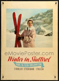 2c271 WINTER IN SUDTIROL 20x27 Italian travel poster 1950s young woman w/skis in South Tyrol, rare!