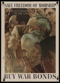 2c295 SAVE FREEDOM OF WORSHIP 20x28 WWII war poster 1943 iconic Norman Rockwell Four Freedoms art!