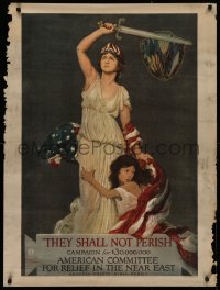 2c301 THEY SHALL NOT PERISH 30x40 WWI war poster 1918 Douglas Volk art of Columbia protecting girl!