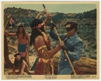 2h023 LONE RANGER color 8x10 still #5 1956 masked Clayton Moore fighting Native American Indian!