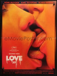 2p076 LOVE French 15x21 2015 Gaspar Noe, close up of all three top stars kissing each other in 3-D