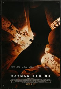 2r096 BATMAN BEGINS advance DS 1sh 2005 June 17, image of Christian Bale in title role flying w/bats!