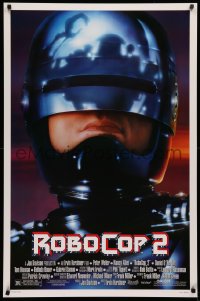 2r744 ROBOCOP 2 DS 1sh 1990 great close up of cyborg policeman Peter Weller, sci-fi sequel!