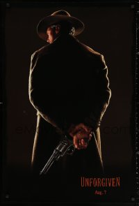 2r925 UNFORGIVEN teaser DS 1sh 1992 image of gunslinger Clint Eastwood w/back turned, dated design!