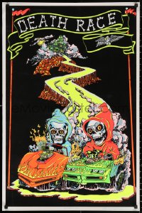 2y0430 DEATH RACE 23x35 commercial poster 1981 skeletons racing hot rods on crushed black felt!