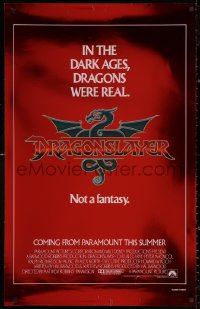 2y0676 DRAGONSLAYER red foil heavy stock teaser 1sh 1981 Dark Ages, dragons were real, not fantasy!