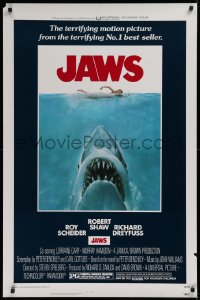 2y0764 JAWS 1sh 1975 classic man-eating shark attacking swimmer art by Roger Kastel, unfolded!