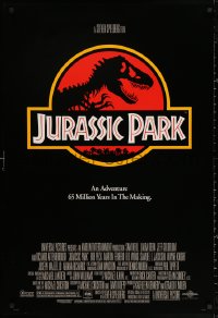 2y0770 JURASSIC PARK DS 1sh 1993 Steven Spielberg, classic logo with T-Rex over red background
