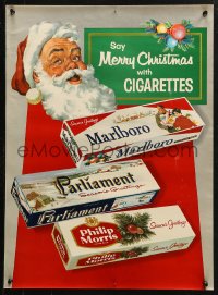 2y0345 SAY MERRY CHRISTMAS WITH CIGARETTES 19x26 advertising poster 1950s art of Santa & cigs!