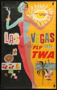 2y0248 TWA LAS VEGAS 16x25 travel poster 1960s great David Klein art of sexy showgirl & casino games!