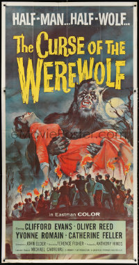 2z0375 CURSE OF THE WEREWOLF 3sh 1961 Smith art of Oliver Reed holding girl surrounded by mob!