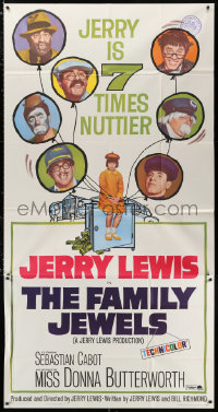 2z0382 FAMILY JEWELS 3sh 1965 Jerry Lewis is seven times nuttier in seven roles, wacky art!