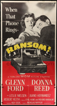 2z0458 RANSOM 3sh 1956 great image of Glenn Ford & Donna Reed waiting for call from kidnapper!