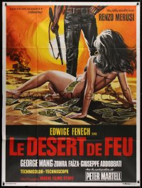 2z0852 DESERT OF FIRE French 1p 1972 great art of man standing over woman in bikini covered in cash!