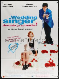 2z1220 WEDDING SINGER French 1p 1998 Adam Sandler singing to sexy Drew Barrymore on giant cake!