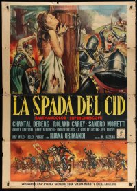 2z0695 SWORD OF EL CID Italian 1p 1962 art of medieval battle & sexy girl whipped by Mos!
