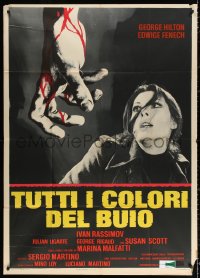 2z0700 THEY'RE COMING TO GET YOU Italian 1p 1975 c/u of scared Edwige Fenech & bloody hand!