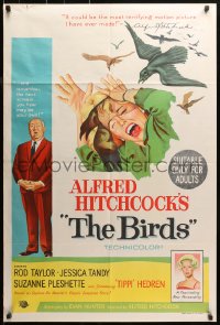 3a0345 BIRDS Aust 1sh 1963 director Alfred Hitchcock shown, Tippi Hedren, intense litho art, rare!