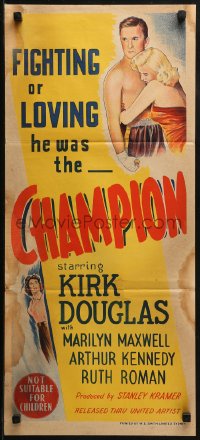 3a0493 CHAMPION Aust daybill 1950 art of boxer Kirk Douglas with Marilyn Maxwell, boxing classic!