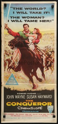 3a0500 CONQUEROR Aust daybill 1956 barbarian John Wayne & half-dressed sexy Susan Hayward on horse!