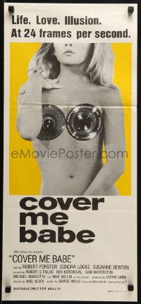 3a0502 COVER ME BABE Aust daybill 1970 sexiest camera lense on nude girl image!