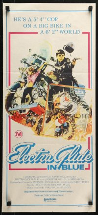 3a0517 ELECTRA GLIDE IN BLUE Aust daybill 1973 cool art of motorcycle cop Robert Blake!