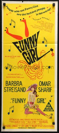 3a0534 FUNNY GIRL Aust daybill 1969 hand litho of Barbra Streisand, directed by William Wyler!