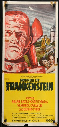 3a0555 HORROR OF FRANKENSTEIN Aust daybill 1971 Hammer horror, close up art of monster with axe!