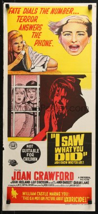 3a0565 I SAW WHAT YOU DID Aust daybill 1965 Joan Crawford, William Castle, you may be the next target!