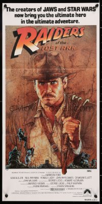 3a0637 RAIDERS OF THE LOST ARK Aust daybill 1981 great Richard Amsel artwork of Harrison Ford!