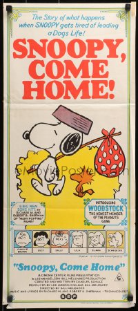 3a0669 SNOOPY COME HOME Aust daybill 1972 Peanuts, Charlie Brown, great art of Snoopy & Woodstock!