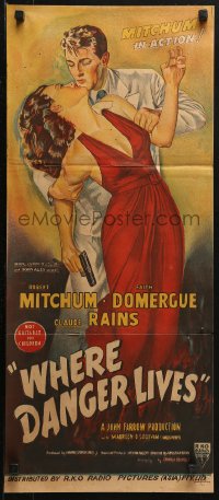 3a0718 WHERE DANGER LIVES Aust daybill 1950 art of Robert Mitchum & Faith Domergue!