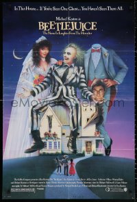 3a0780 BEETLEJUICE 1sh 1988 Tim Burton, Ramsey art of Michael Keaton, Baldwin & Geena Davis!