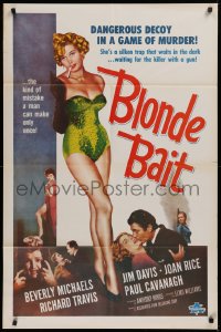 3a0795 BLONDE BAIT 1sh R1950s full-length sexy smoking bad girl Beverly Michaels is a silken trap!