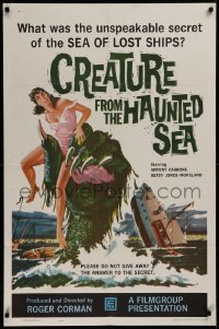 3a0830 CREATURE FROM THE HAUNTED SEA 1sh 1961 great art of monster's hand in sea grabbing sexy girl!
