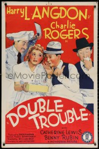 3a0846 DOUBLE TROUBLE 1sh 1941 wacky WWII orphans Harry Langdon & Charley Rogers, ultra-rare!