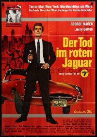 3a0152 DEATH IN THE RED JAGUAR German 1968 cool art of George Nader with gun and great car!