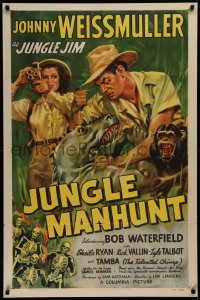 3a0957 JUNGLE MANHUNT 1sh 1951 Weissmuller as Jungle Jim, Ryan, Tamba, Glenn Cravath art!