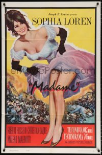 3a0986 MADAME SANS GENE 1sh R1963 sexy full-length Sophia Loren in low-cut dress, Madame!