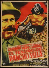 3a0044 EL TESORO DE PANCHO VILLA Mexican poster 1954 Diaz art of masked wrestler & gold pile!