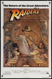 3a1074 RAIDERS OF THE LOST ARK 1sh R1982 great Richard Amsel art of adventurer Harrison Ford!