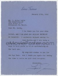 3f0392 LANA TURNER signed letter 1962 finished Bachelor in Paradise, started Who's Got the Action!