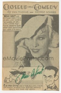 3f0345 MAE WEST signed 4x6 newspaper clipping 1930s Closeup and Comedy article with cartoon art!