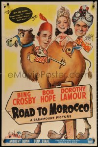 3f0083 ROAD TO MOROCCO signed 1sh 1942 by Bob Hope, wacky art of him with Crosby & Lamour on camel!
