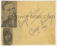 3f0252 GEORGE FORMBY signed 5x6 cut album page 1949 signed for him by his wife Beryl!