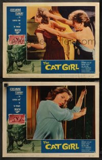 3g0688 CAT GIRL 2 LCs 1957 human feline Barbara Shelley, cool border art of huge cat, English horror!