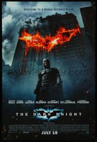 3h0310 DARK KNIGHT int'l advance DS 1sh 2008 Christian Bale as Batman in front of burning bat symbol!