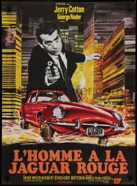 3h1119 DEATH IN THE RED JAGUAR French 23x31 1970 cool Saukoff art of George Nader with gun over car!