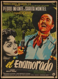 3h0684 EL ENAMORADO Mexican poster 1952 Josep Renau art of laughing man with 2 guns & sexy girl!