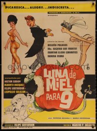 3h0690 LUNA DE MIEL PARA 9 Mexican poster 1964 Delgado, completely different sexy and wacky art!